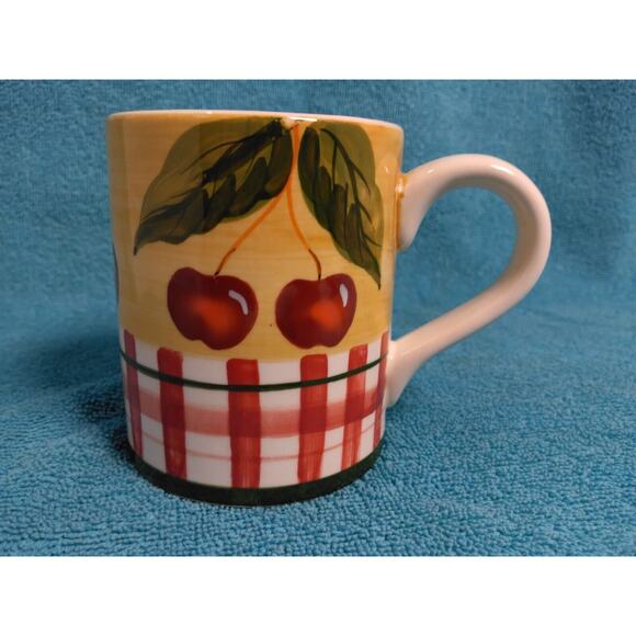 Lillian Vernon Red Cherries & Striped Fence Drinking Coffee Tea Mug Ceramic - Picture 5 of 8